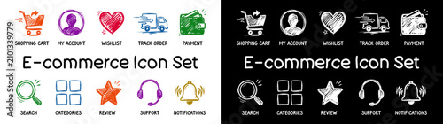 Hand Drawn E-commerce Icon Set, Colorful Sketch and Chalkboard White Line Doodle Icons for Online Shopping, Retail Web UI, Mobile App Interface Elements