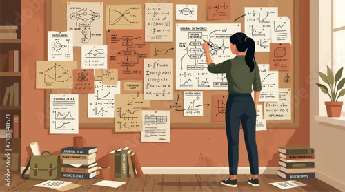 Cuadro en lienzo Woman Researcher Writing Neural Network Formulas on Office Bulletin Board, Flat