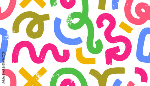 Abstract textured seamless pattern with curves. Colorful swirls and squiggles, funky shapes on endless background, repeating print, paint brushstrokes. Flat vector illustration for wrapping design