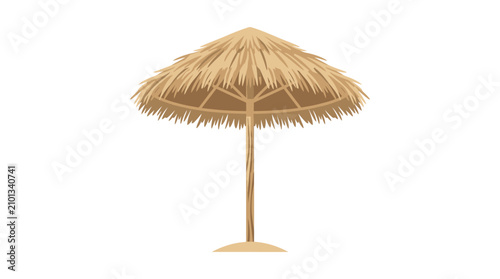 Schilderij op canvas Thatched umbrella on sand against white background