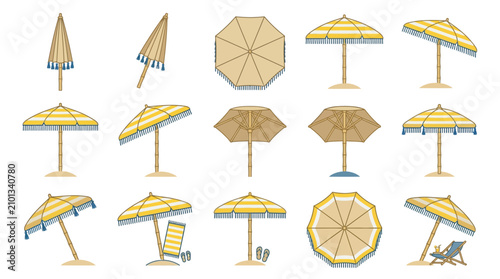 Collection of colorful beach umbrellas on sand