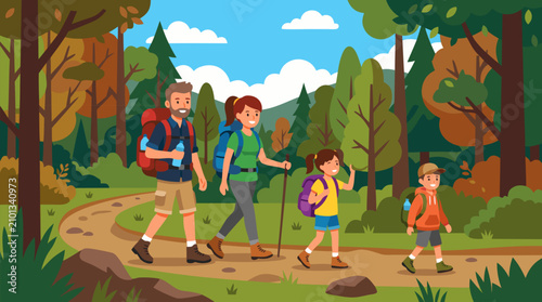Vibrant vector illustration of joyful family hiking scenic autumn forest trail carrying backpacks water bottles enjoying outdoor adventure nature healthy lifestyle travel recreation with children