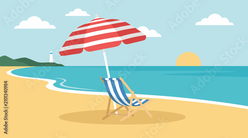 Striped red beach umbrella and blue folding chair on golden morning sand with calm turquoise ocean, distant lighthouse and fluffy clouds in serene vector coastal paradise vacation illustration