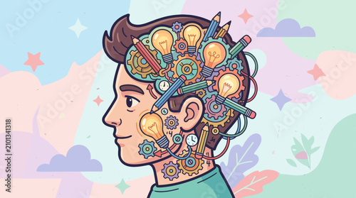 Foto Profile of a person with brain full of creative ideas.