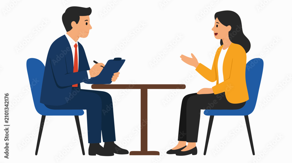 Obraz premium Flat Vector Illustration of Professional Business Job Interview Scene with Manager Holding Clipboard Asking Questions to Female Candidate Speaking at Office Table, Corporate Hiring Recruitment Concept