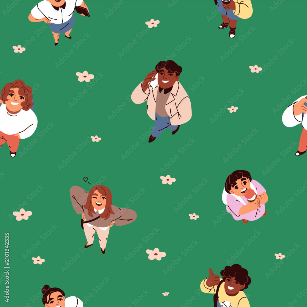 Obraz premium People looking up, seamless pattern. Happy male and female characters watching with faces and heads raised upward, endless background design. Repeating print. Printable flat vector illustration