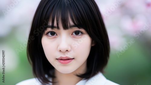 Portrait of Young Japanese Woman with Cherry Blossoms: A beautiful young Japanese woman with a gentle expression and short black hair is framed by soft pink cherry blossoms.