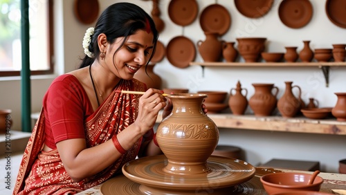Artisan at Work: A skilled woman with traditional attire meticulously paints a clay pot on a pottery wheel, surrounded by a collection of handcrafted ceramic vessels displayed on shelves.
