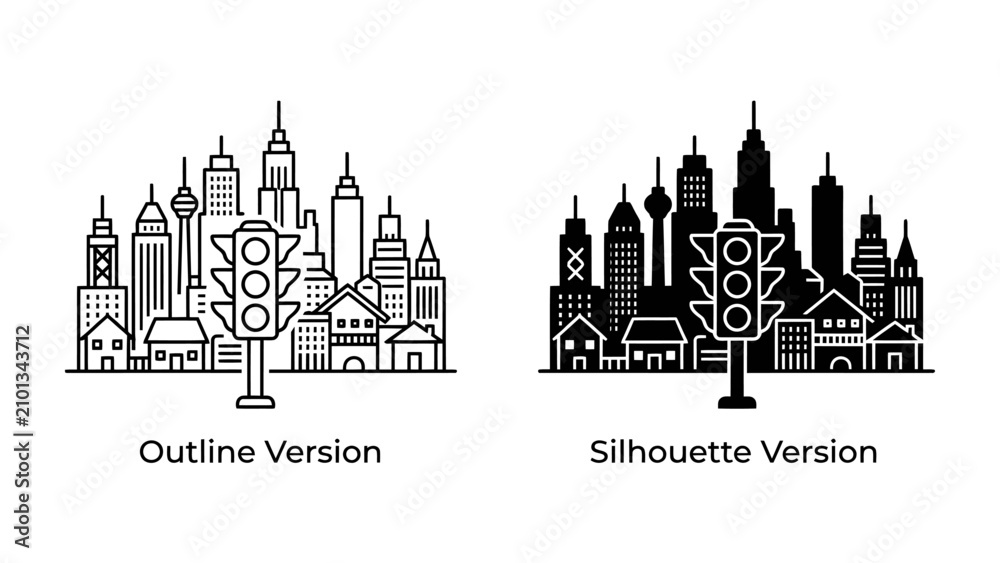 Obraz premium Cityscape with Traffic Lights: Two distinct representations of an urban skyline, one as an outline and the other as a silhouette, both featuring traffic signals at the forefront.