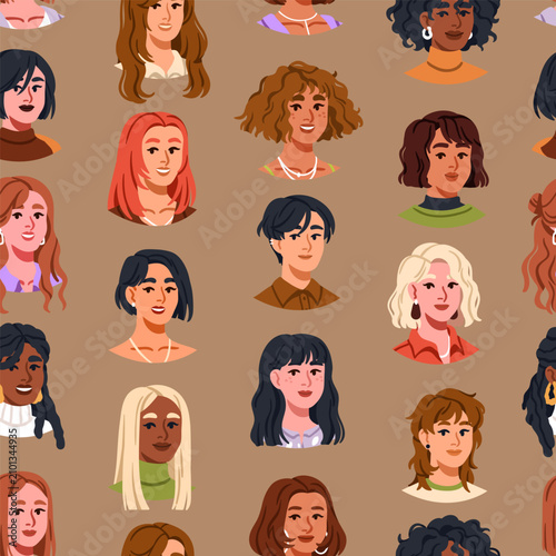 Seamless pattern with diverse women hairstyles. Fashion hair styles, repeatin...