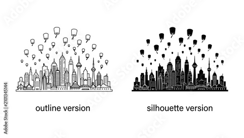 Картината върху платно Cityscape Balloons: A panoramic cityscape silhouette, juxtaposed with a detailed outline version, is adorned with numerous floating balloons, creating a whimsical and imaginative scene