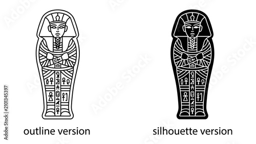 Fotografie Egyptian Sarcophagus Icons: Two stylized illustrations of an Egyptian sarcophagus, presented in both outline and silhouette versions, representing ancient history and culture