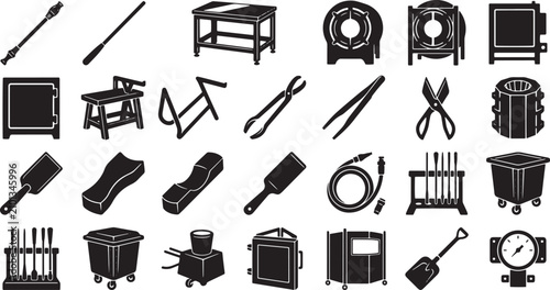 Bild auf Leinwand Glassblowing Studio Workshop Equipment and Hot Glass Art Crafting Tools Icon Set
