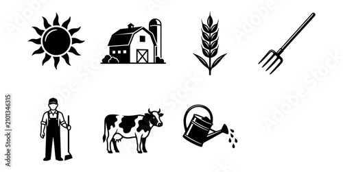 Tableau sur toile Agriculture farming icons sun barn crop farmer cow watering can rake