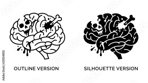 Obraz na płótnie Disturbing Brain Imagery: A stylized graphic illustration of a human brain depicted with a skull and a bone, rendered in both outline and silhouette versions