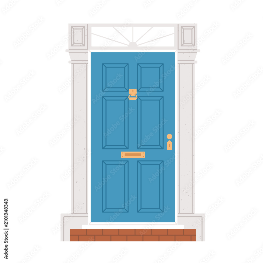Obraz premium Front entrance door, house building entry with columns, pilaster decoration, transom window. Closed home doorway exterior with knocker, mail slot. Flat vector illustration isolated on white background