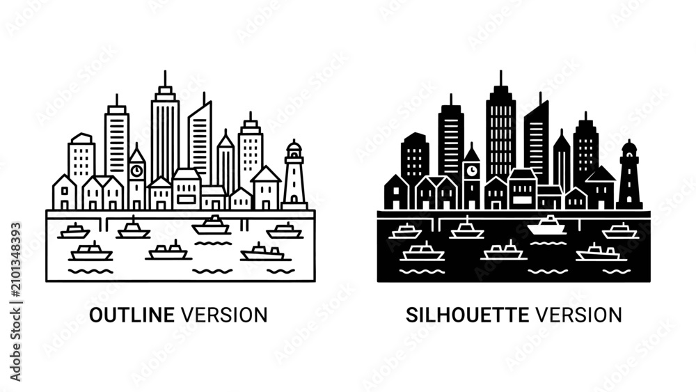 Fototapeta premium Cityscape Icons: Two minimalist graphic representations of a bustling cityscape, one in an outline style and the other as a dark silhouette, showcasing buildings and boats on the water.