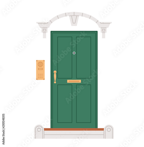 Front door to house. Closed home entrance, exterior with intercom, entry phon...