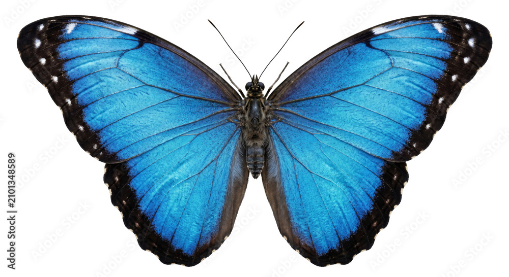 Obraz premium Stunning iridescent blue morpho butterfly with intricate wing patterns and black borders