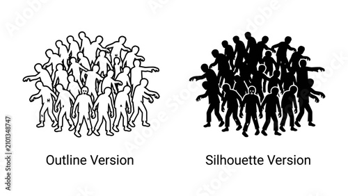 Bild auf Leinwand Crowd Comparison: Two distinct representations of a crowd, one in outline and the other in silhouette, offering a visual contrast between detailed form and abstract shape