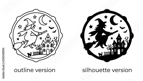 Obraz na płótnie Halloween Witchy Vibes: Two distinct circular graphics, one an outline and the other a silhouette, depict a witch flying on her broomstick past a haunted house under a starry, moonlit sky