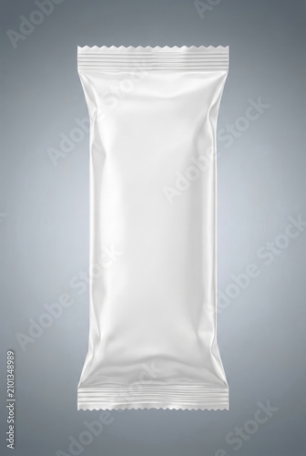 White glossy flow pack wrapper pouch mockup for chocolate bar, snack, ice cream, or wet wipes