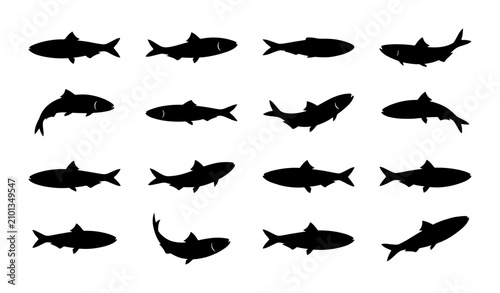 Fotografía Silhouette Fish Collection, Vector Icons Set, Marine Life Aquatic Animals, Seafo