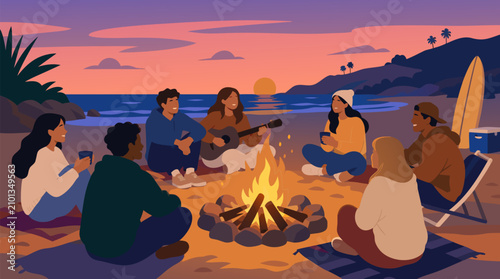 Vivid vector illustration of friends gathered around a glowing beach bonfire at sunset with guitar music ocean waves and relaxed atmosphere perfect for summer party lifestyle adventure and social