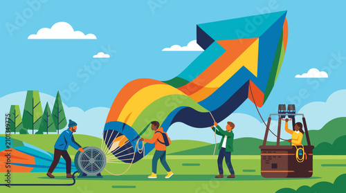 Team inflating rainbow arrow-shaped hot air balloon, business growth metaphor, startup launch concept, teamwork collaboration, upward success trajectory, entrepreneurship venture, sky adventure
