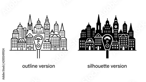 Canvas Print Cityscape with Parking Meter: A comparison of an urban skyline, featuring various architectural styles and a prominent parking meter