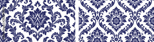 Cuadro en lienzo Seamless damask pattern set with royal floral motifs and classic blue scrollwork designs