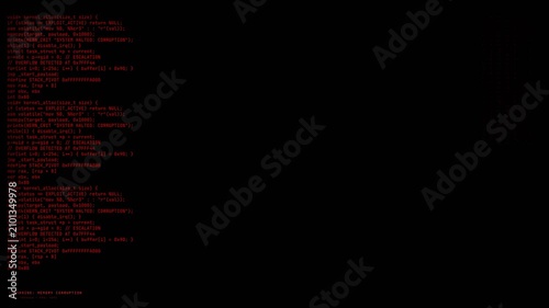 Computer script terminal scrolling vertically with red digital glitch artifacts and system failure warning overlay for cybersecurity visualization.