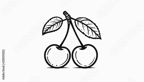 Photos Two Cherries with Green Leaves Attached.