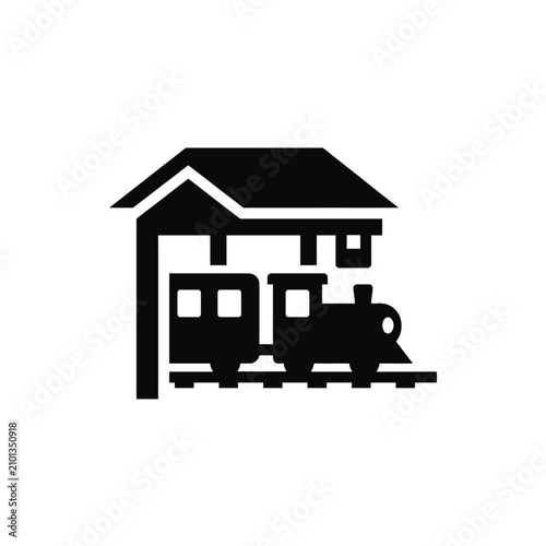 Isolated black and white simple icon of a train at a station, railway transport symbol