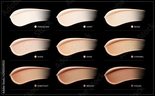 Samples of foundation smears for face mockup. 3D hight realistic vector illustration on black background. Scalable without lose quality. Ready layered template for your design. EPS10.