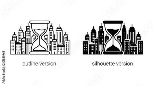 Quadro su tela Cityscape and Hourglass: Two graphic representations depict a cityscape integrated with an hourglass, symbolizing the passage of time within an urban environment