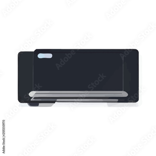 Isolated black horizontal air conditioner unit with blue indicator light, modern appliance for cooling and climate control