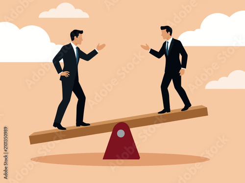 Two Businessmen Balancing on Seesaw in Sky Background
