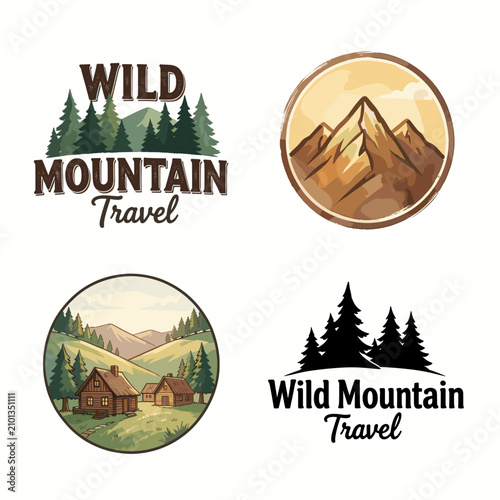 Wild Mountain Travel Logo Set Rustic Forest Cabin and Peaks Illustration