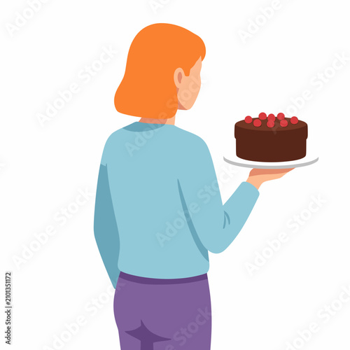 Woman Holding Chocolate Cake with Raspberries White Background