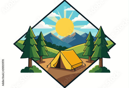 Yellow Camping Tent Set up in Mountain Forest at Sunrise
