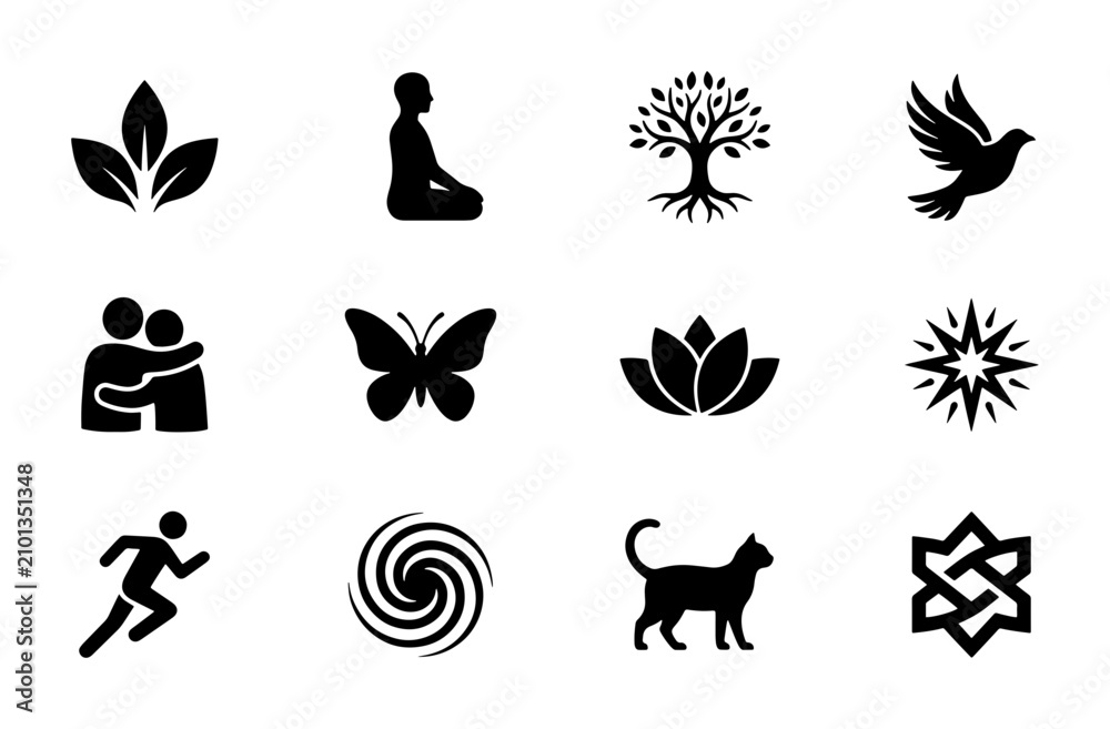 Fototapeta premium Holistic Wellness Icons: Yoga, Nature, Harmony, and Growth Symbols for Health and Lifestyle