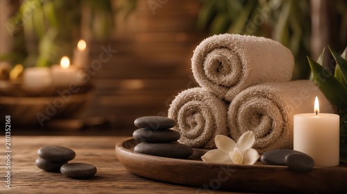 Rolled beige spa towels, smooth massage stones, white flower and glowing candles on a wooden tray create a calming wellness scene for spa and relaxation promotions.