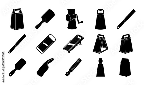 Fotografía Kitchen Utensil Icons Set, Grater and Slicer Vector Graphics, Culinary Tool Coll