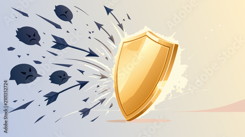 Abstract shield deflecting negative words and flying arrows representing protection and resilience. Powerful flat vector illustration symbolizing mental health, defense, and positivity.