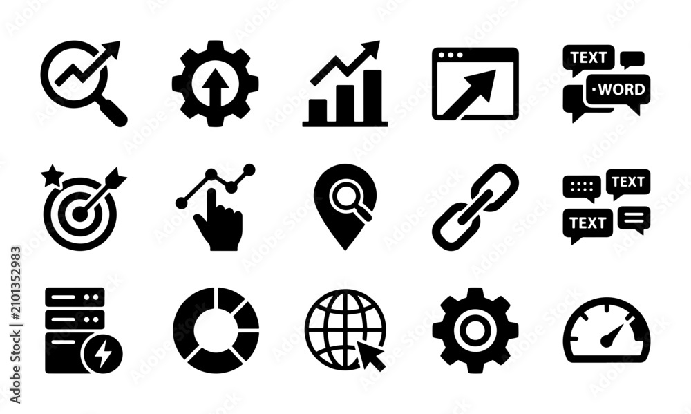 Fototapeta premium SEO Icons Set: Digital Marketing, Analytics, Strategy, and Web Performance Vector Graphics for Business Growth