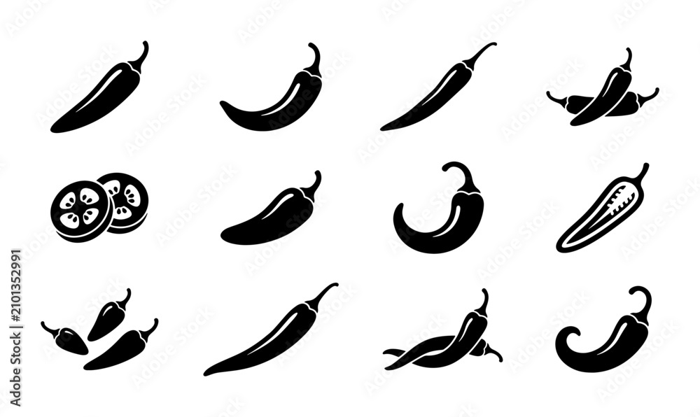 Obraz premium Chili Pepper Icons Set, Spicy Food Vector Graphics, Hot Ingredient Symbols, Culinary Design Elements, Black and White