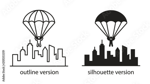 Foto Parachutist Over Cityscape: Two stylized depictions of a parachutist descending over a modern city skyline, presented in both outline and silhouette versions
