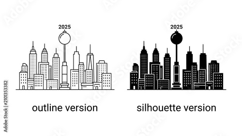Bild auf Leinwand Cityscape 2025: A modern cityscape presented in both outline and silhouette versions, showcasing a collection of diverse skyscrapers