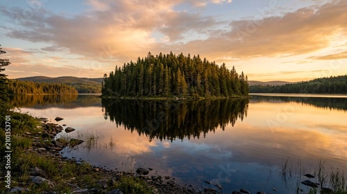 A forested island and distant hills reflect in a still lake under a glowing sunset sky, ideal for travel, nature, or conservation promotions.